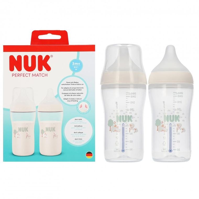 Nuk, Perfect Match, butelka do karmienia, owca i hipopotam, 3m+, 260 ml, 2 szt.