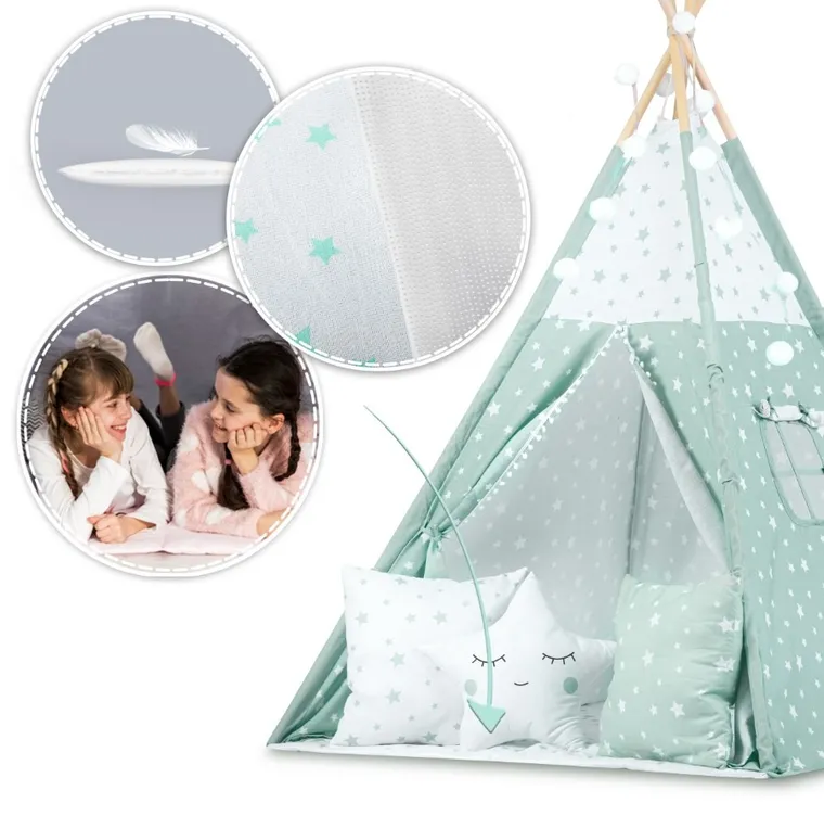 Nukido, namiot tipi dla dzieci ze światełkami, miętowe w gwiazdki