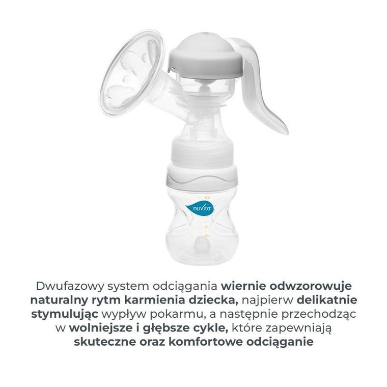 Nuvita, Materno Twist, laktator ręczny dwufazowy z obrotową rączka 270°, szary + butelka, 150 ml