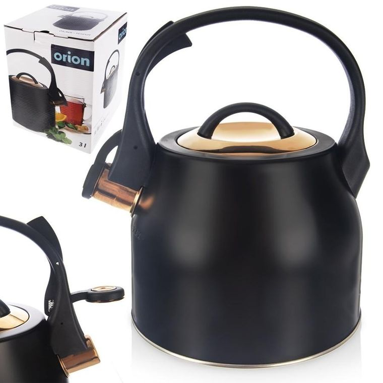 Orion, czajnik z gwizdkiem, stalowy, czarny złoty, 3 l