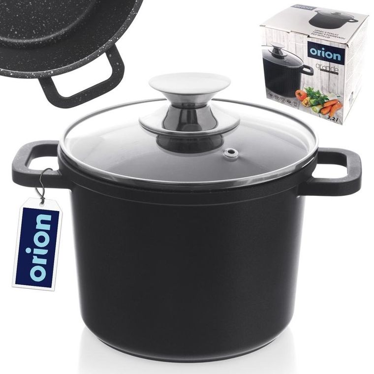 Orion, garnek granitowy ze szklaną pokrywką wysoki, Grande, 2 l