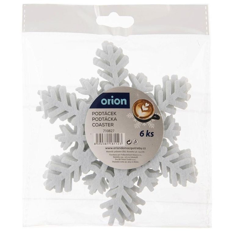 Orion, podstawka pod kubek, filcowa, biała płatek śniegu, 6 szt., 13.5 cm