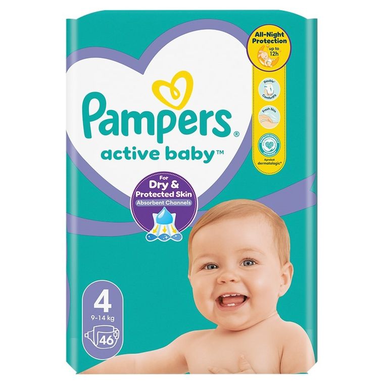 Pampers, Active Baby, pieluchy jednorazowe, rozmiar 4, 9-14 kg, 46 szt.