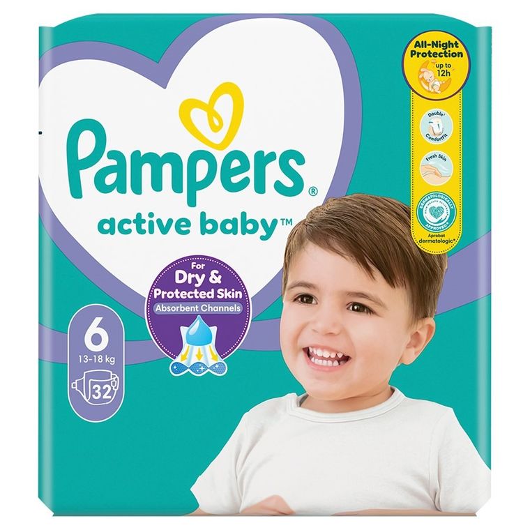 Pampers, Active Baby, pieluchy jednorazowe, rozmiar 6, 13-18 kg, 32 szt.
