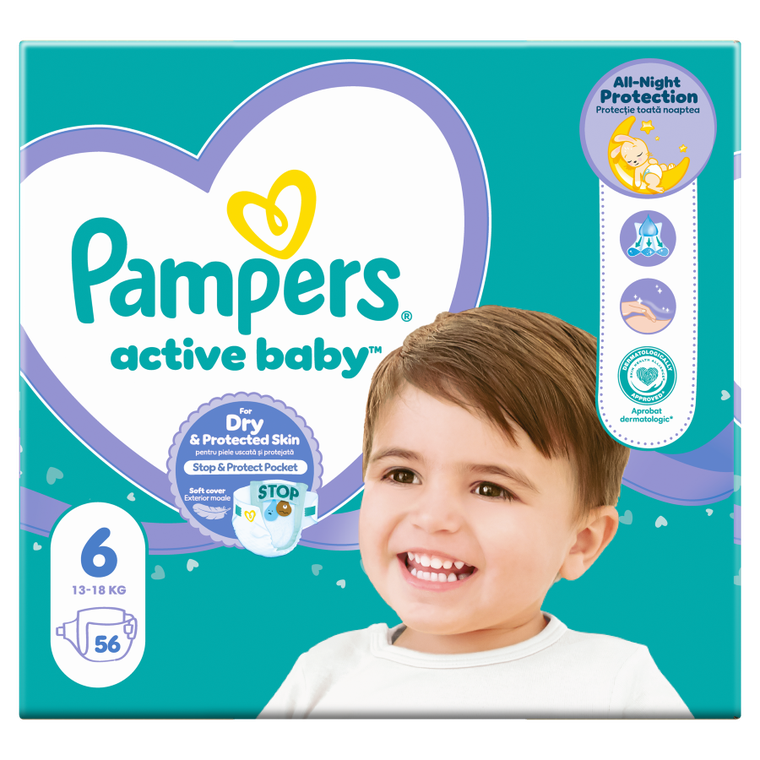 Pampers, Active Baby, pieluchy jednorazowe, rozmiar 6, 13-18 kg, 56 szt.