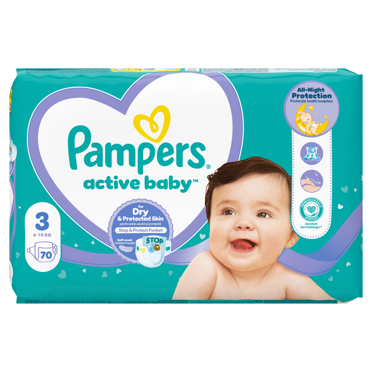Pampers, Active Baby, pieluszki, rozmiar 3, 6-10 kg, 70 szt.