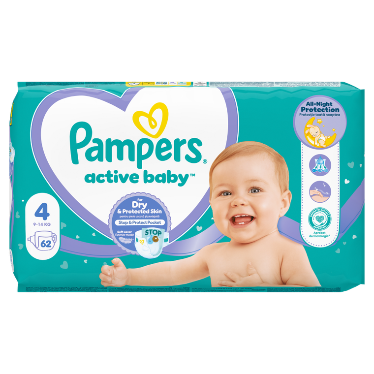 Pampers, Active Baby, pieluszki, rozmiar 4, 9-14 kg, 62 szt.