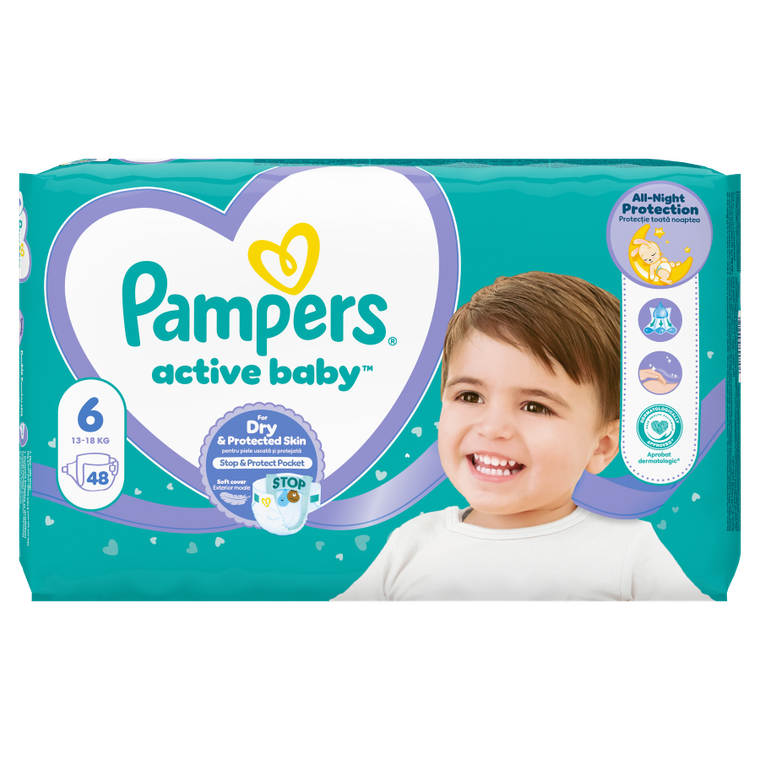 Pampers, Active Baby, pieluszki, rozmiar 6, 13-18 kg, 48 szt.