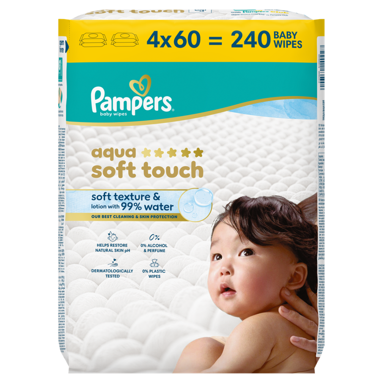 Pampers, Aqua Soft Touch, chusteczki nawilżane dla dzieci, 4-60 szt.