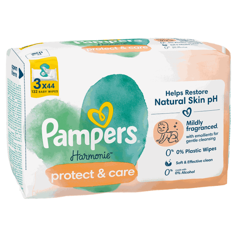 Pampers, Harmonie Protect & Care, chusteczki nawilżane dla dzieci, 3-pack, 132 szt.