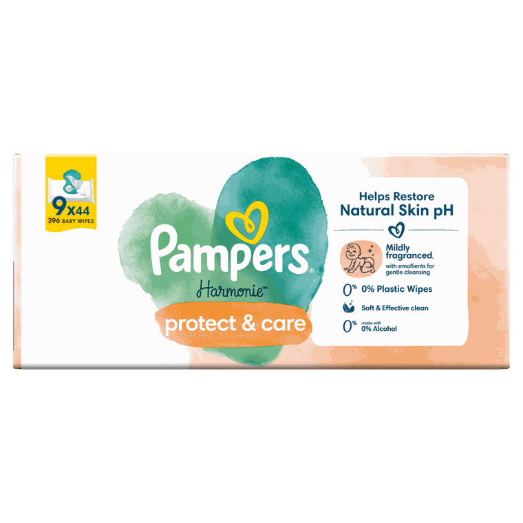 Pampers, Harmonie Protect & Care, chusteczki nawilżane dla dzieci, 9-pack, 396 szt.