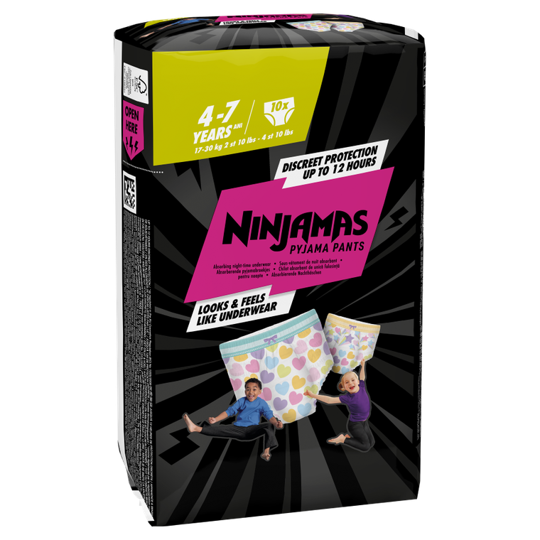 Pampers, Ninjamas, Serduszka, chłonna bielizna na noc, rozmiar 4-7 lat, 17-30 kg, 10 szt.