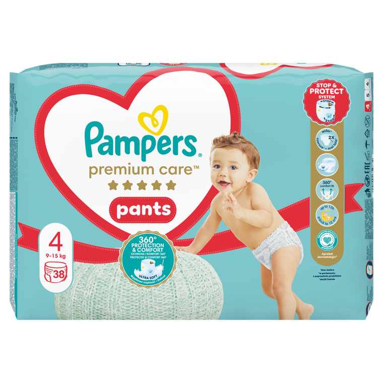 Pampers, Premium Care, pieluchomajtki, rozmiar 4, 9-15 kg, 38 szt.
