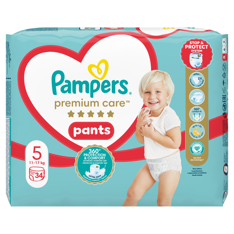 Pampers, Premium Care, pieluchomajtki, rozmiar 5, 11-17 kg, 34 szt.