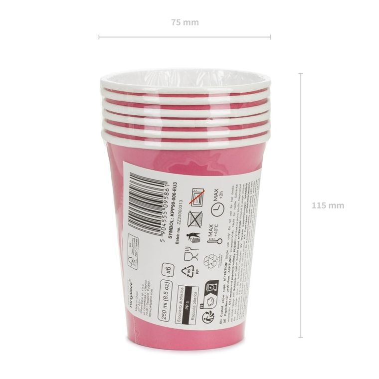 PartyDeco, kubeczki papierowe, ciemny różowy, 250 ml, 6 szt.