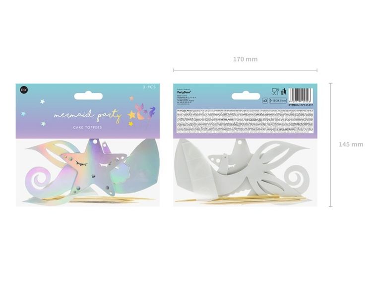 PartyDeco, Mermaid Party, toppery, dekoracja na tort urodzinowy, syrenka, 24,5 cm, 3 szt.