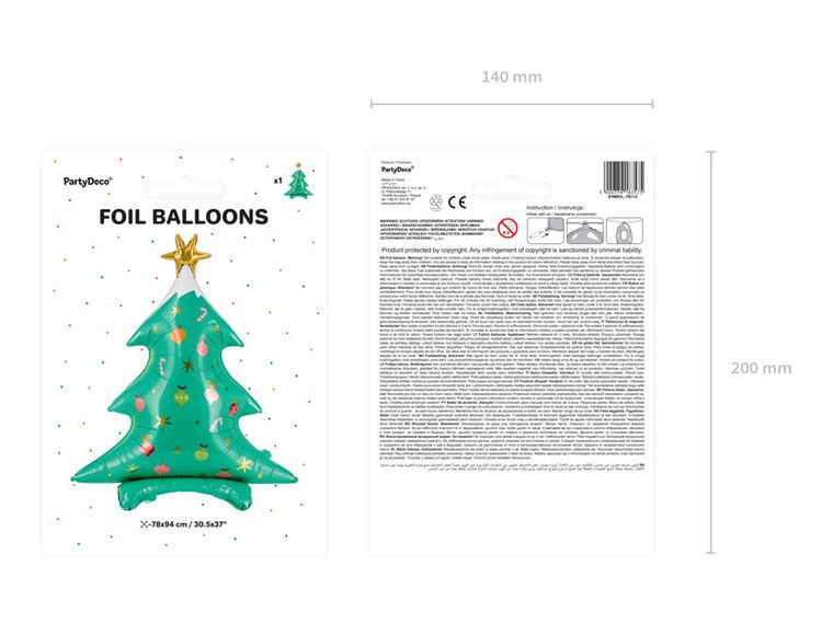 PartyDeco, stojący balon foliowy, choinka, 78-94 cm