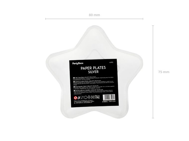 PartyDeco, talerzyki papierowe gwiazdki, srebrne, 18 cm, 6 szt.