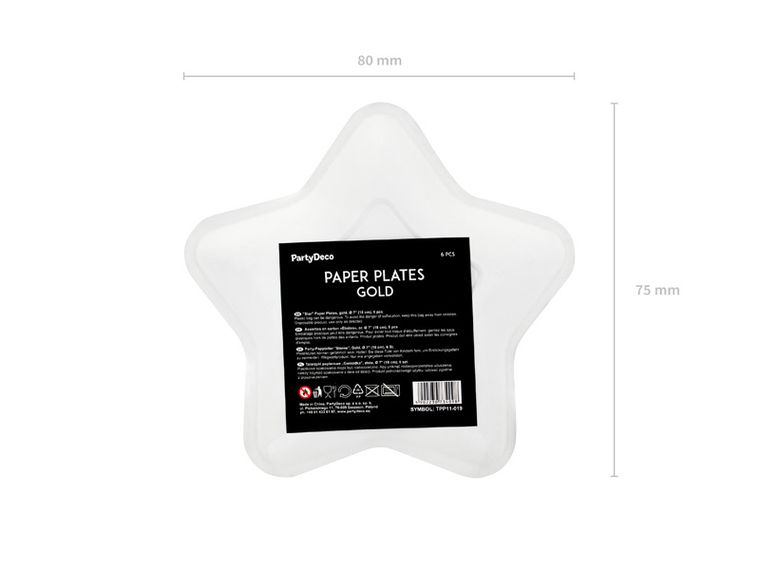 PartyDeco, talerzyki papierowe, gwiazdki, złote, 18 cm, 6 szt.
