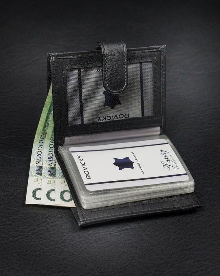 Pionowe, skórzane etui na karty z zapinką i kieszenią na banknoty, Loren