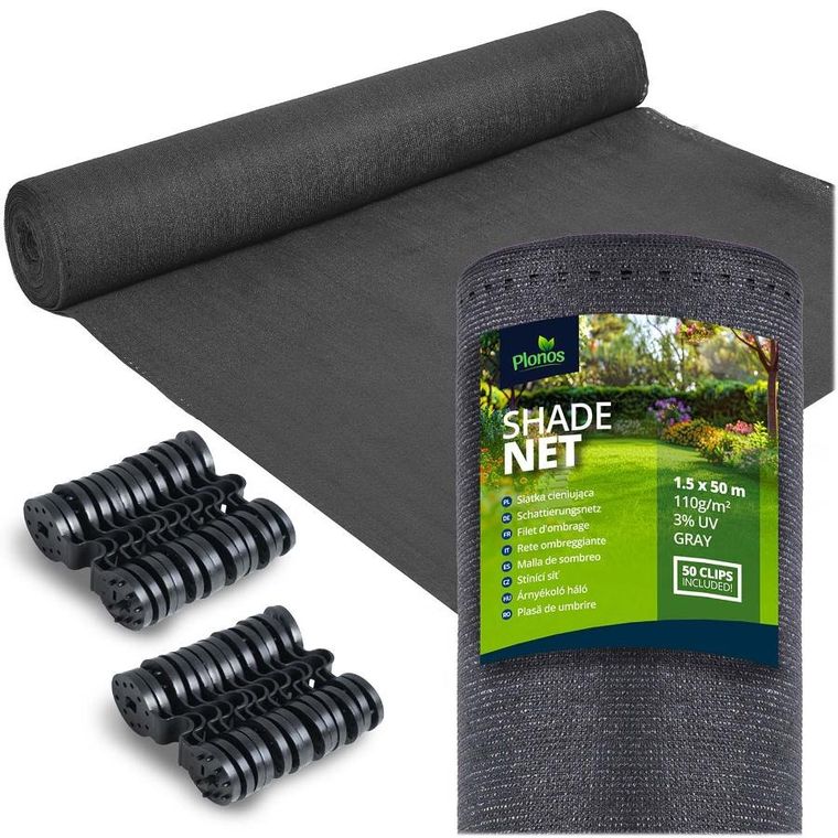 Plonos, siatka cieniująca, 1,5-25m 110g/m2 + 50 zacisków, szara