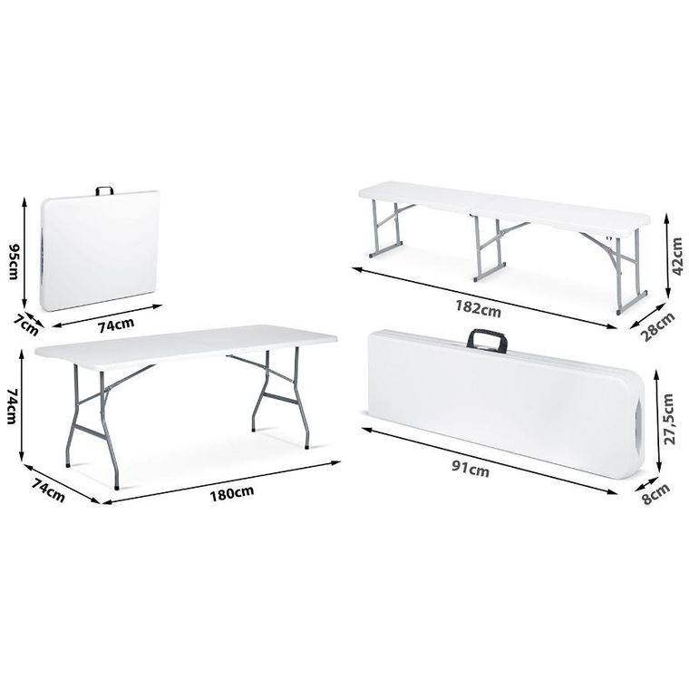 Plonos, zestaw cateringowy ogrodowy składany stół + 2 ławki, biały, 180 cm