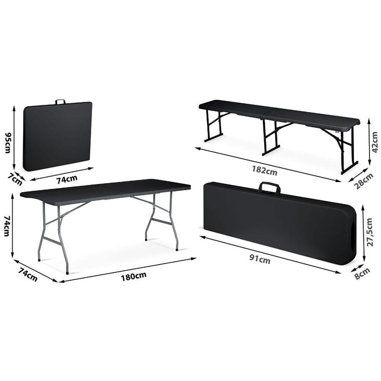 Plonos, zestaw cateringowy ogrodowy składany stół + 2 ławki, czarny, 180 cm