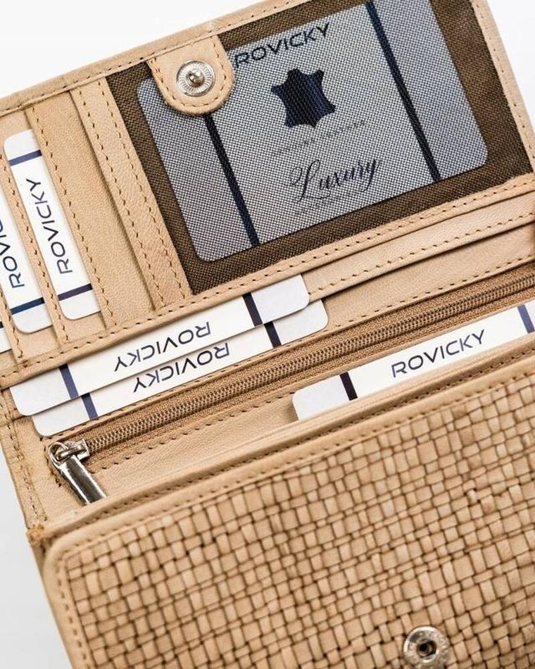 Portfel, beżowy, skórzany, RFID, Rovicky