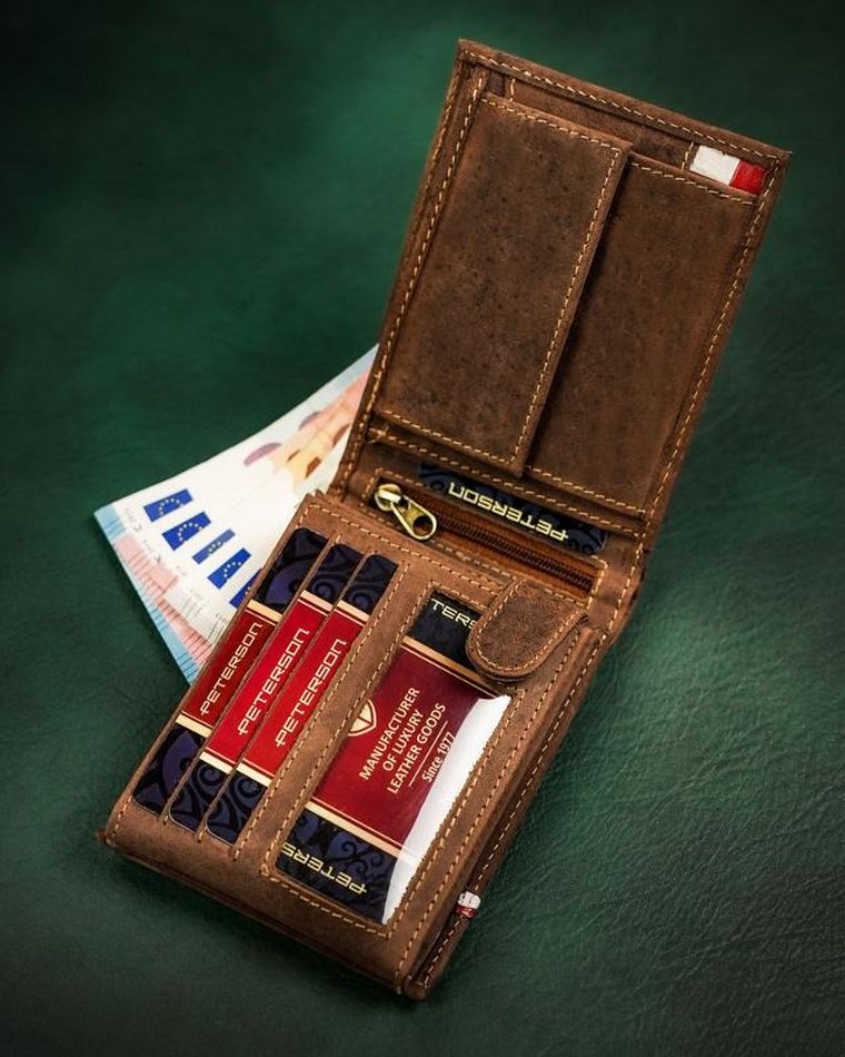 Portfel, brązowy, skórzany, Peterson