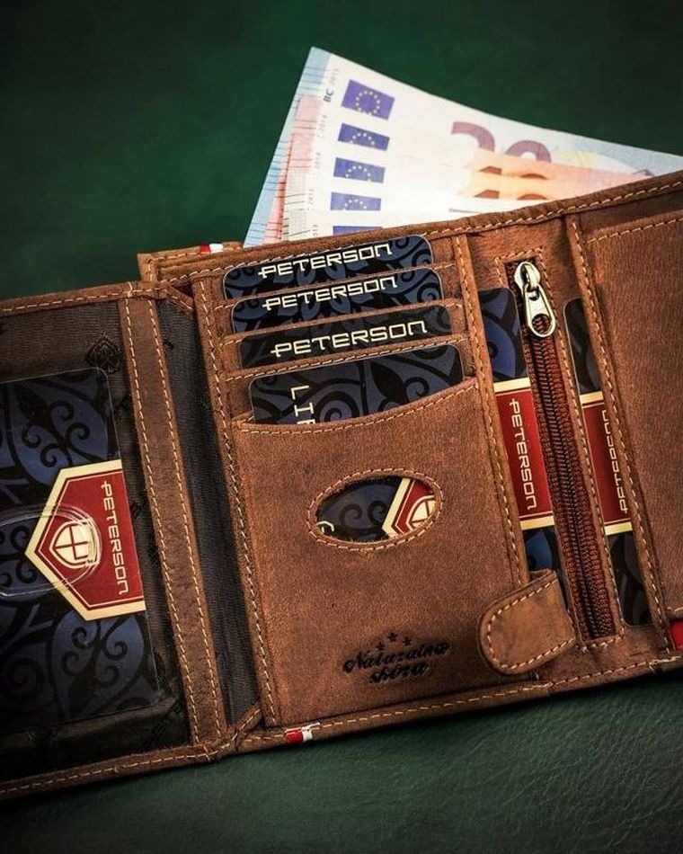 Portfel, brązowy, skórzany, Peterson