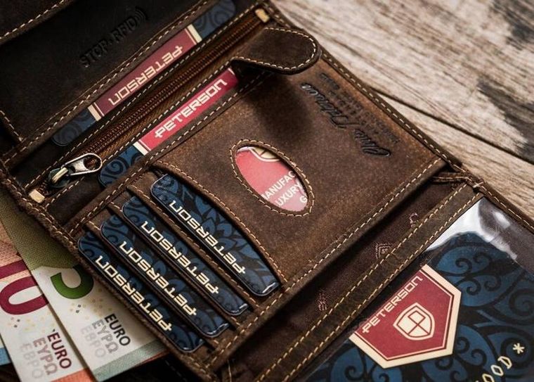 Portfel, brązowy, skórzany, RFID, Peterson