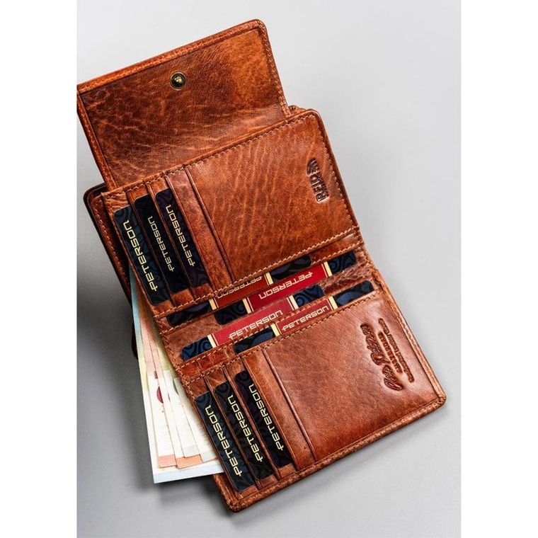 Portfel, brązowy, skórzany, RFID, Peterson