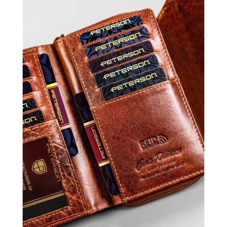 Portfel, brązowy, skórzany, RFID, Peterson