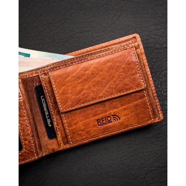 Portfel, brązowy, skórzany, RFID, Peterson