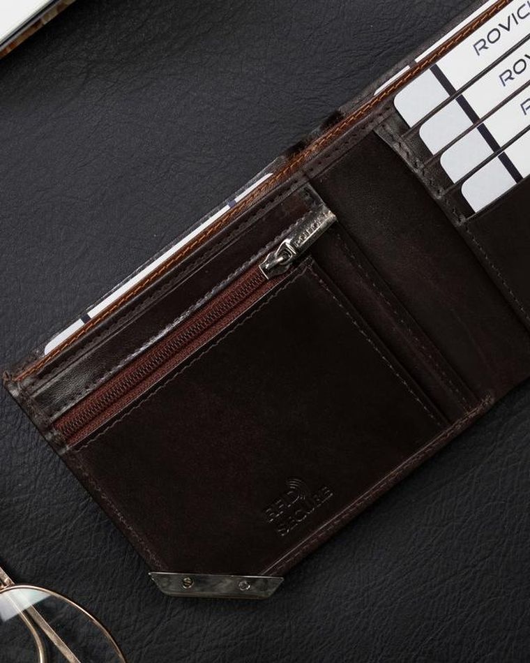 Portfel, brązowy, skórzany, RFID, Rovicky