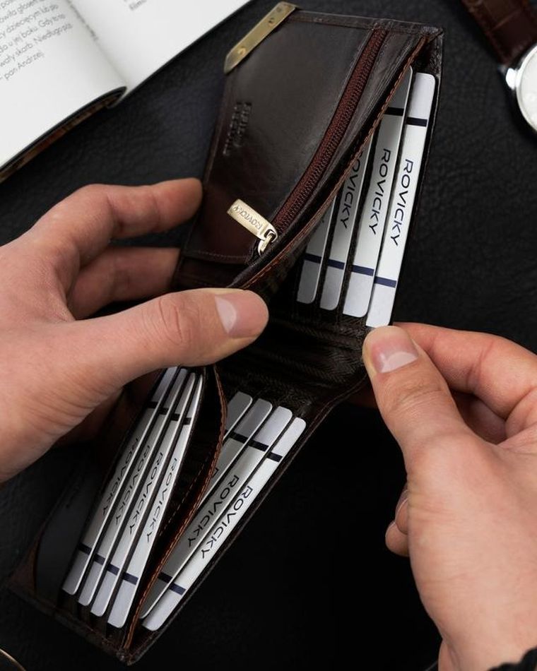 Portfel, brązowy, skórzany, RFID, Rovicky