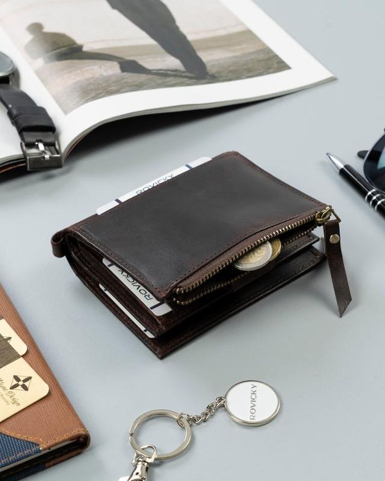 Portfel, brązowy, skórzany, RFID, Rovicky
