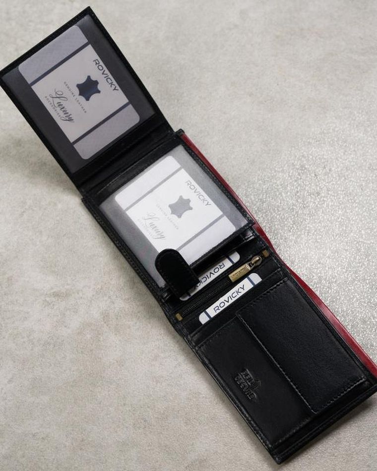 Portfel, czarno-czerwony, skórzany, RFID, Rovicky