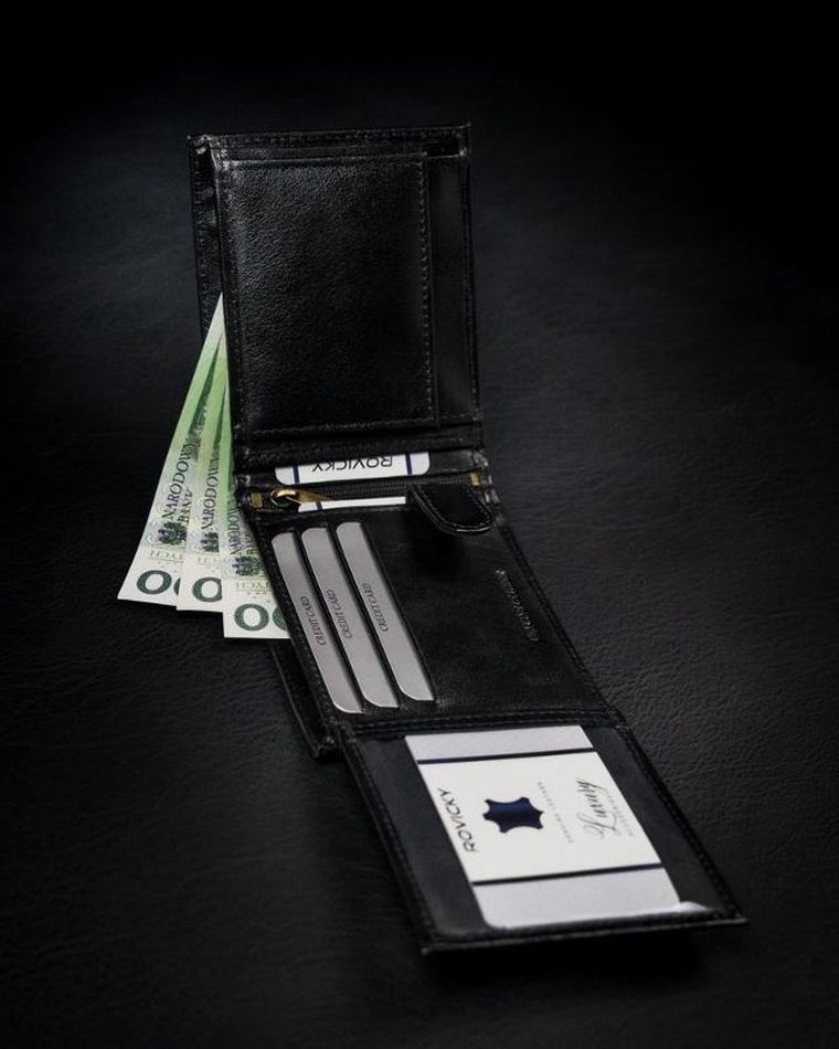 Portfel, czarno-czerwony, Skórzany, RFID, Rovicky