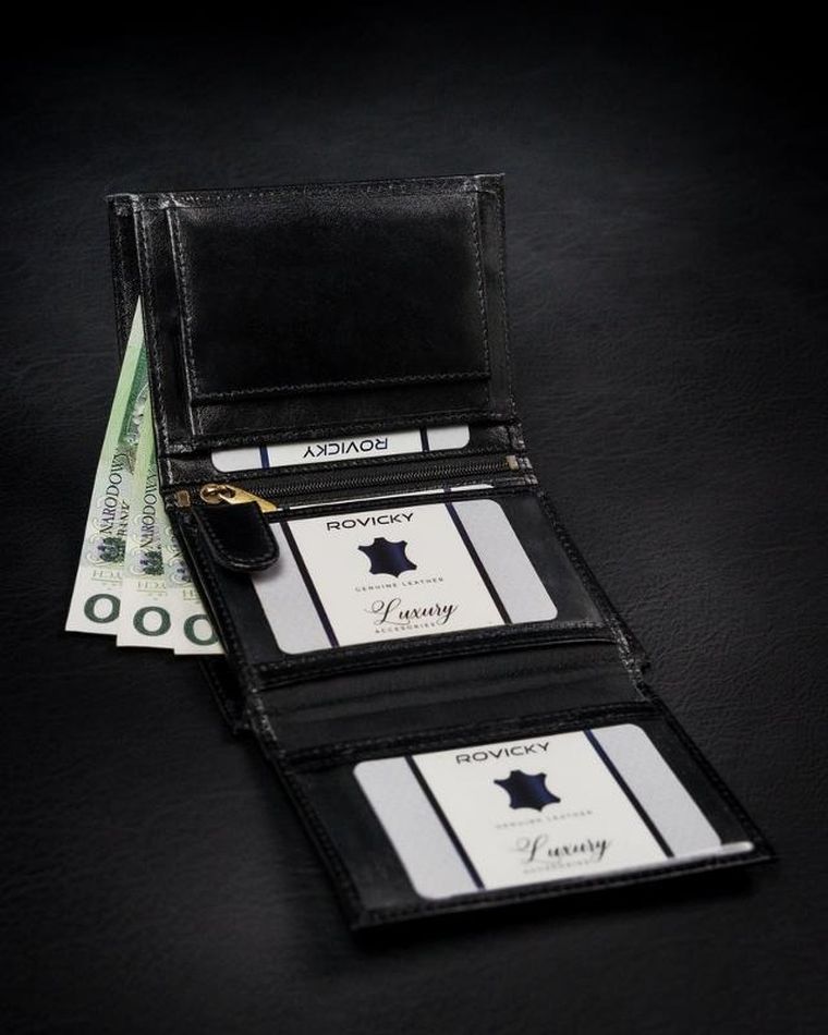 Portfel, czarno-czerwony, skórzany, RFID, Rovicky