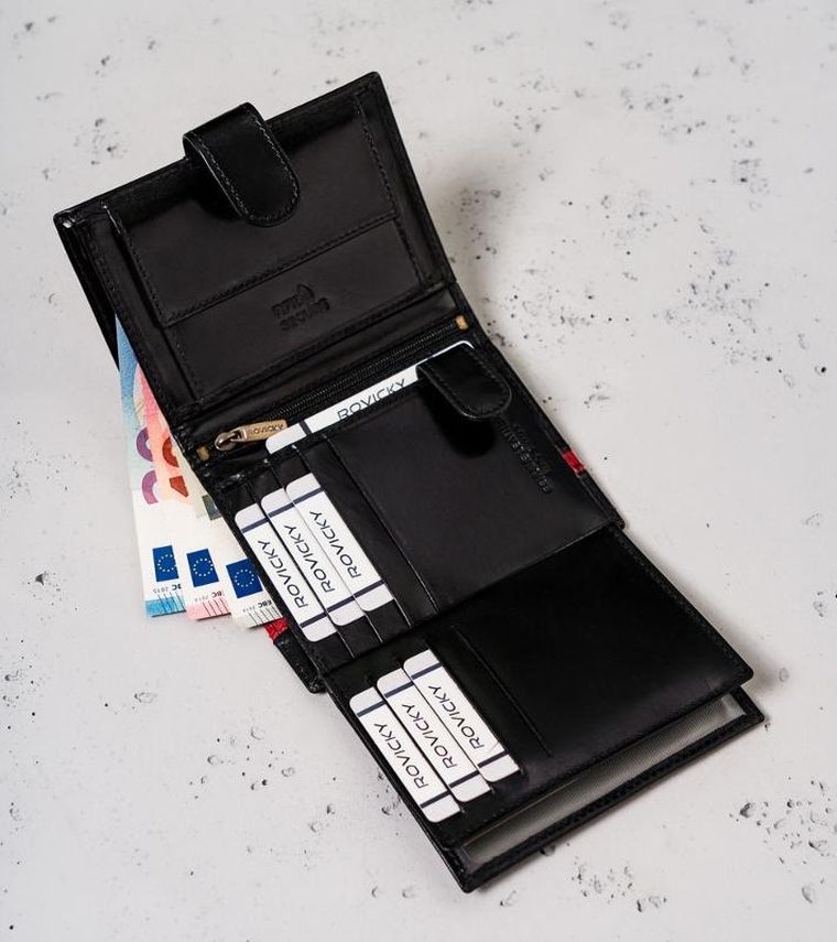 Portfel, czarno-czerwony, skórzany, RFID, Rovicky