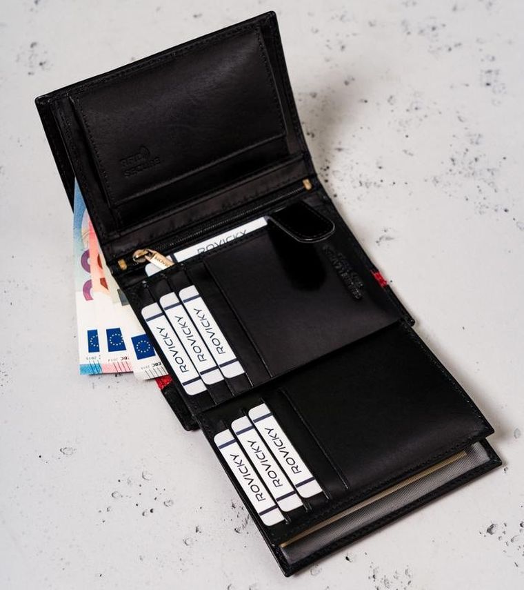 Portfel, czarno-czerwony, skórzany, RFID, Rovicky