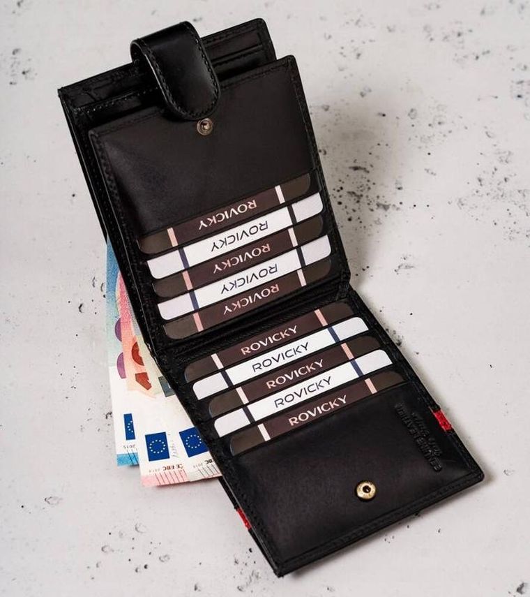 Portfel, czarno-czerwony, skórzany, RFID, Rovicky