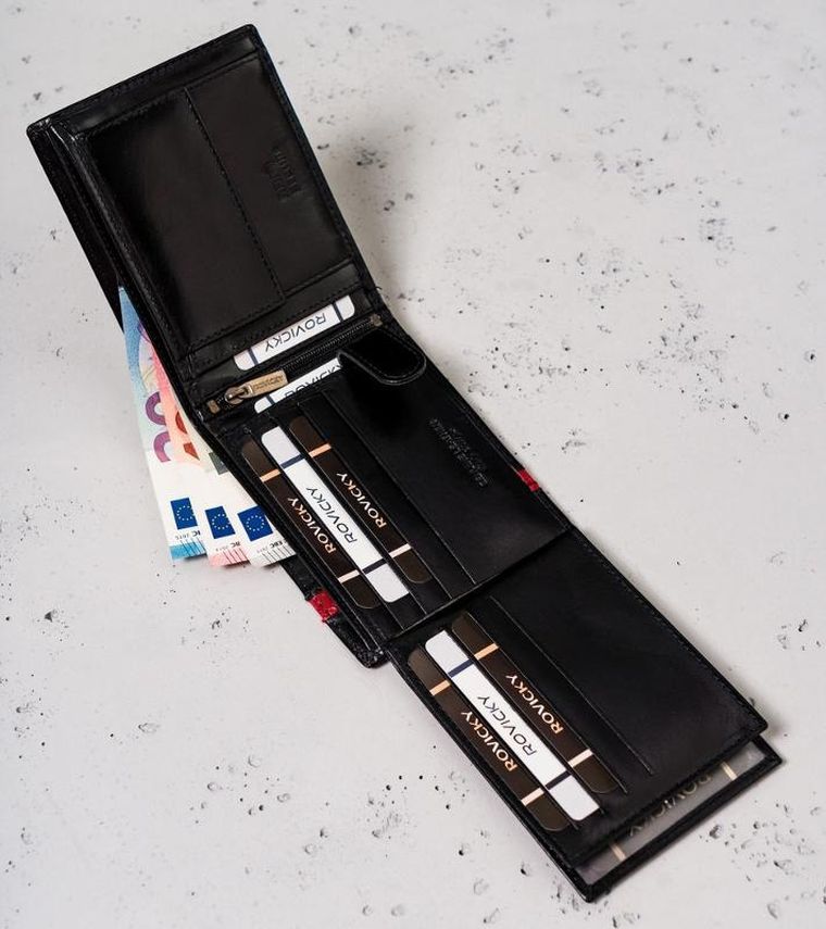 Portfel, czarno-czerwony, skórzany, RFID, Rovicky