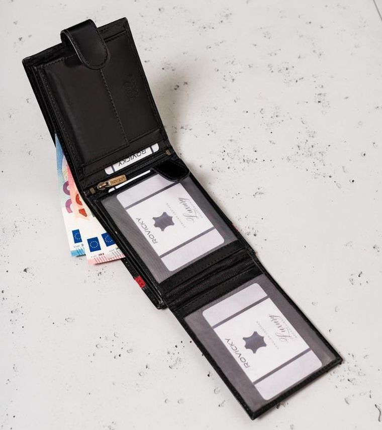 Portfel, czarno-czerwony, skórzany, RFID, Rovicky