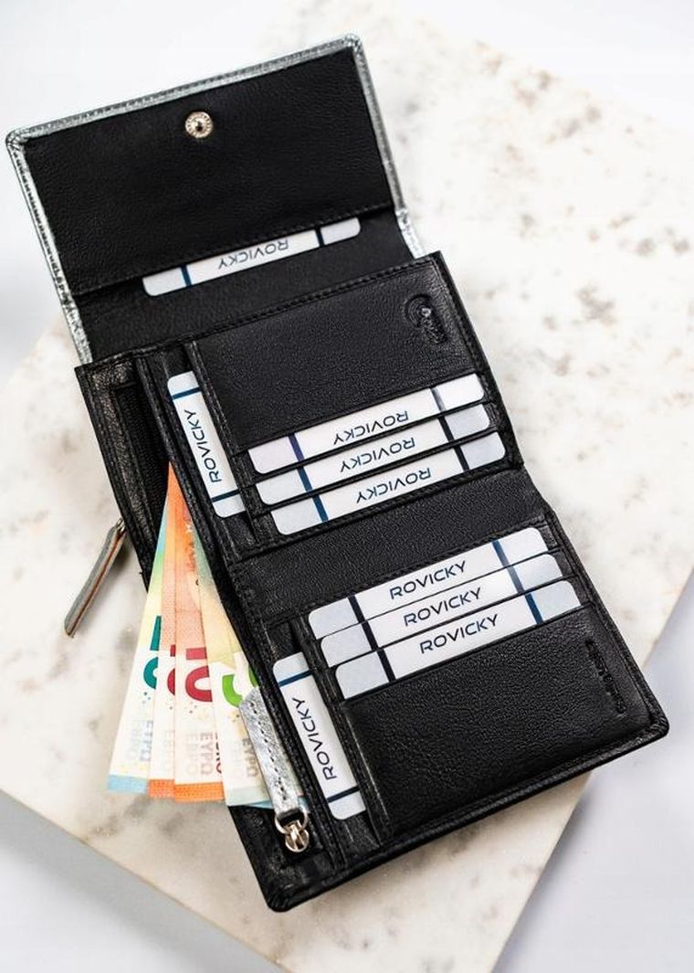 Portfel, czarno-srebrny, skórzany, Rovicky