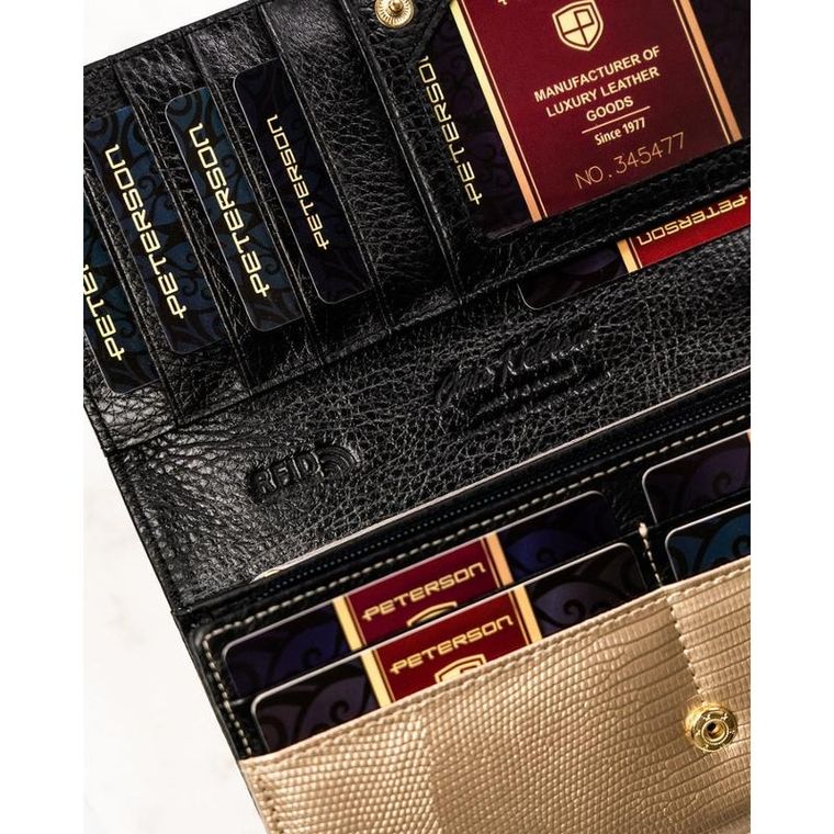 Portfel, czarno-złoty, skórzany, RFID, Petereson