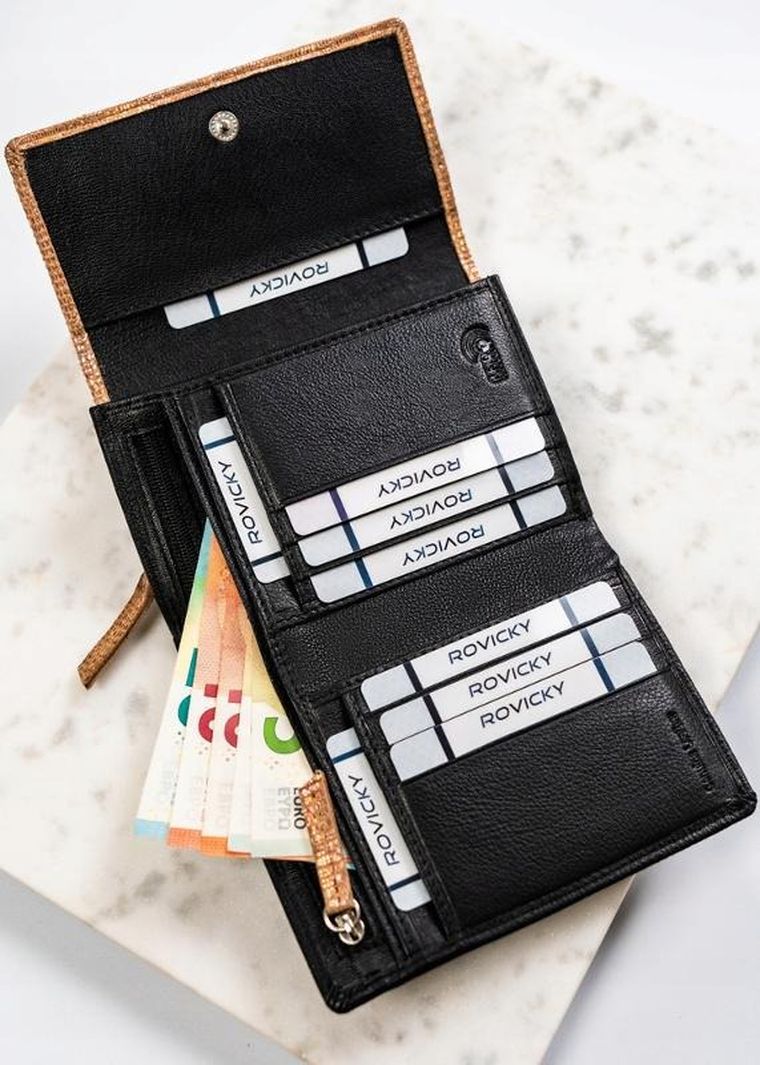 Portfel, czarno-złoty, skórzany, Rovicky