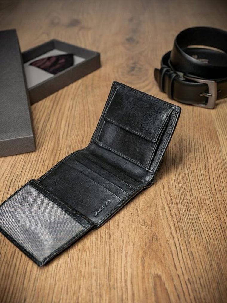 Portfel, czarny, skórzany, RFID, Pierre Andreus