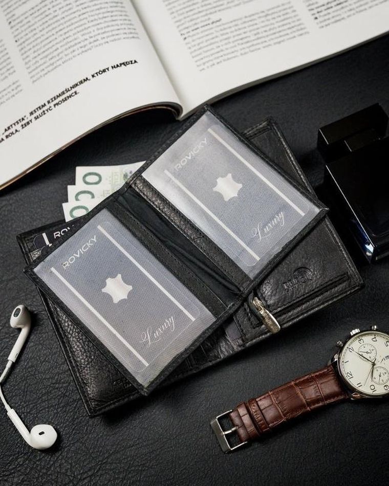 Portfel, czarny, skórzany, RFID, Rovicky